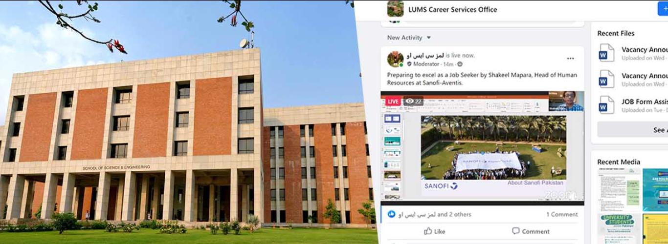 Front shot of the School of Science and Engineering along with a screenshot of the live session 