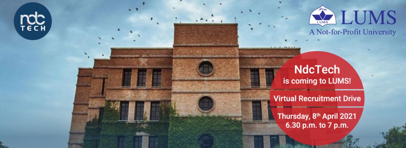 A picture of LUMS grounds with session details in white text over a red circle