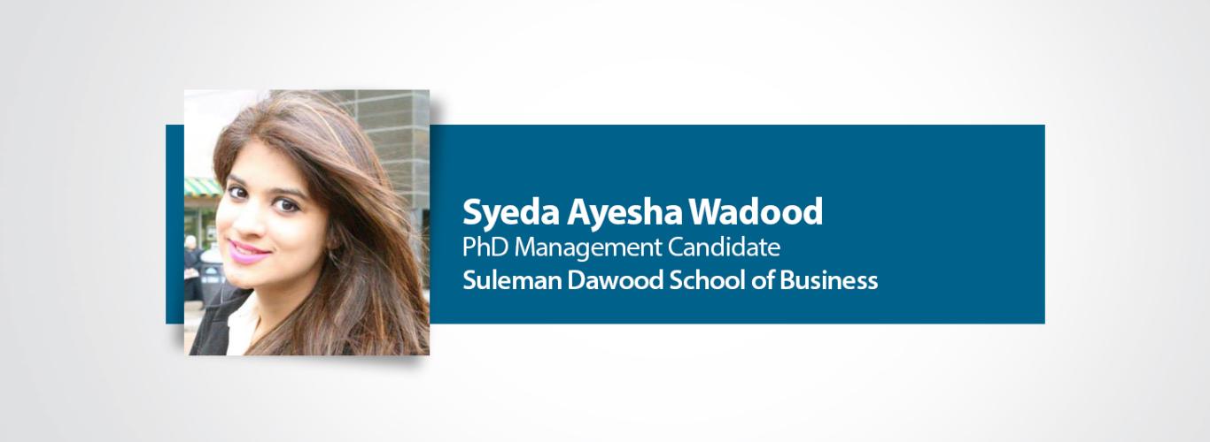 Picture of Syeda Ayesha Wadood and name in white text over blue background