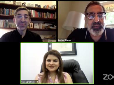 A screenshot of the session with Dr. Arshad Ahmad, Ms. Tara Uzra Dawood and Mr. Adeel Hashmi